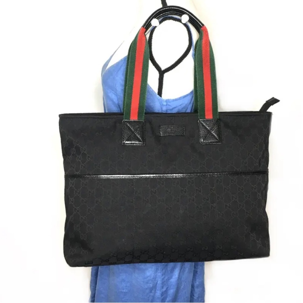 Gucci Black Tote with Signature Red and Green Stripe Handles - Picture 13 of 13